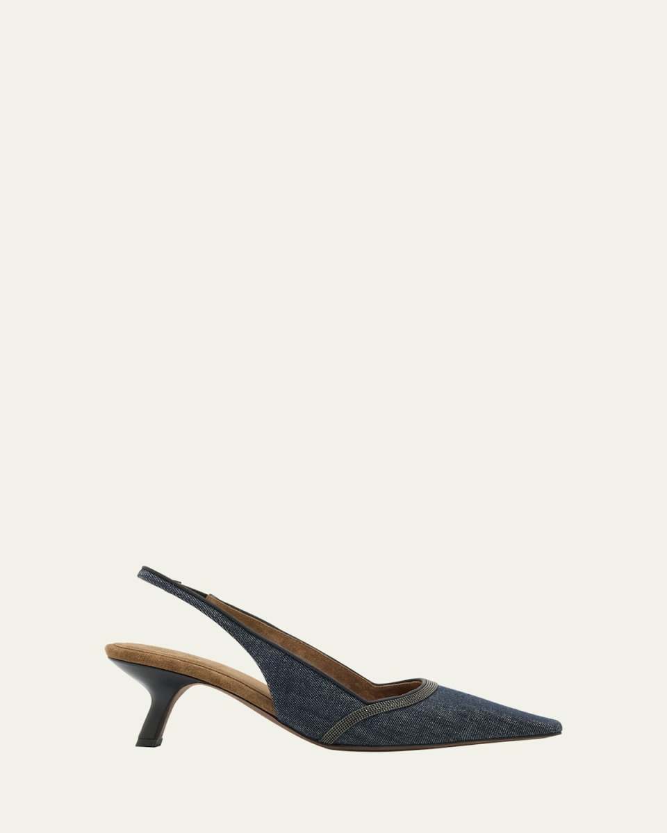 Denim Pointed-Toe Slingback Pumps with Monili Trim